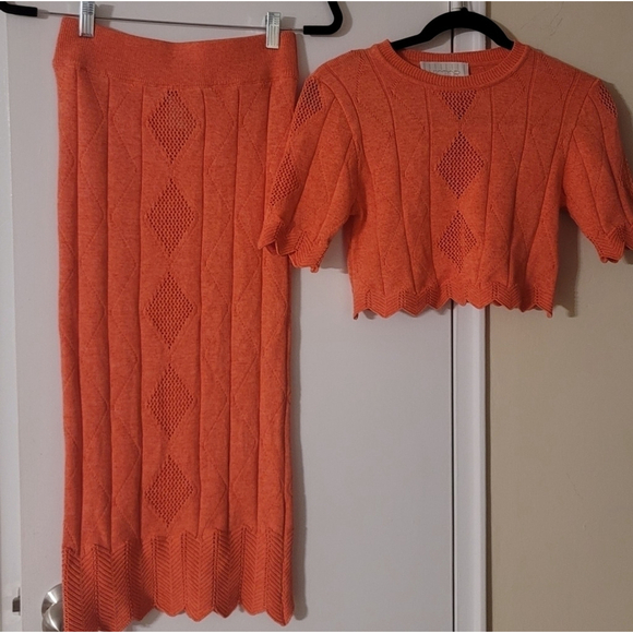 Revolve NWOT Victor Glemaud Pointelle Short Sleeve Top and Skirt Set in orange - Picture 11 of 16